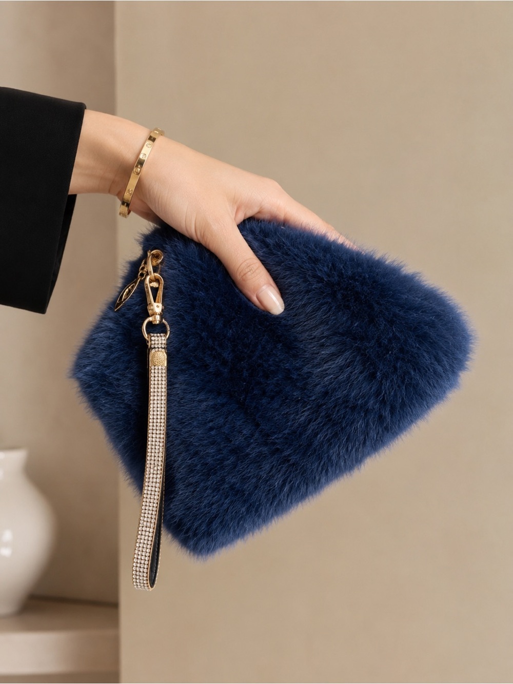Plush Navy Faux Fur Wristlet Clutch with Crystal Strap